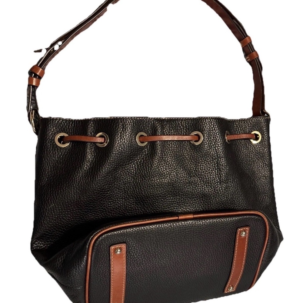 Dooney & Bourke Black Pebbled Leather Drawstring Bucket Bag with Brown Trim - Picture 10 of 11